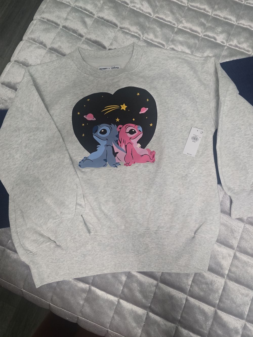 Old Navy Disney Stitch Space Heart Sweatshirt - Light Gray, Blue, Pink
